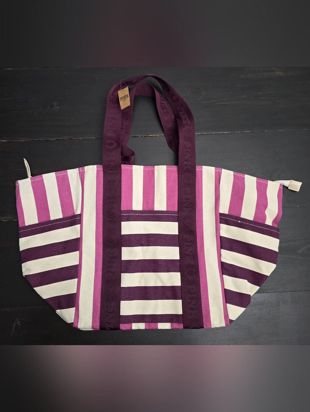 Victoria's Secret Striped Large Canvas Tote Bag Purple New With Tags